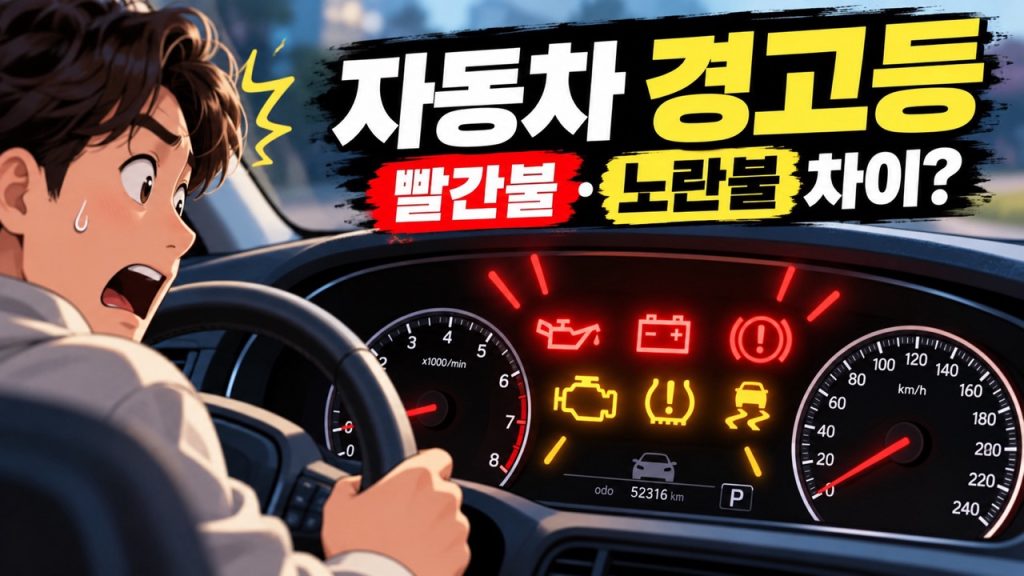 자동차 계기판에 빨간색·노란색 경고등이 켜진 모습과 놀란 운전자