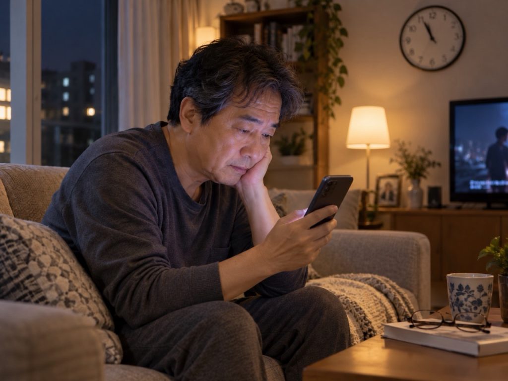 밤늦게 거실 소파에서 스마트폰을 오래 바라보는 50대 60대 한국인 남성