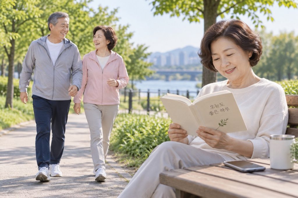 스마트폰을 내려놓고 산책과 독서를 즐기는 50대 60대 한국인 중장년층