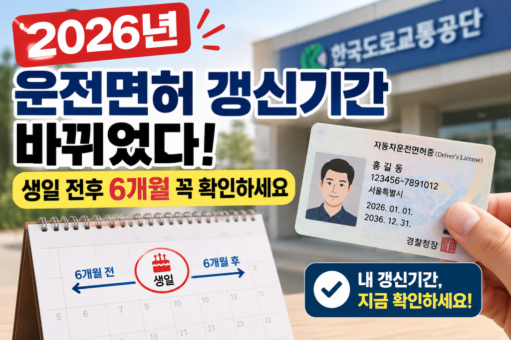 2026년 운전면허 갱신기간이 생일 전후 6개월로 변경된 내용을 안내하는 이미지