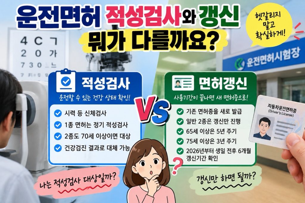 운전면허 적성검사와 면허갱신의 차이를 1종·2종과 연령별 기준으로 비교한 안내 이미지