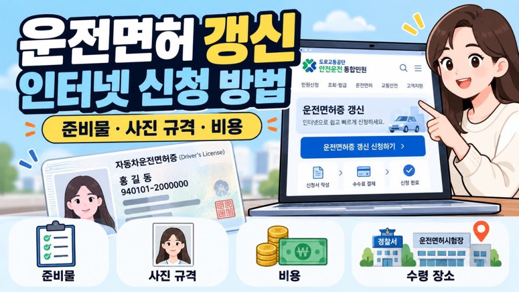 운전면허 갱신 인터넷 신청 방법과 준비물, 사진 규격, 비용, 수령 장소를 안내하는 일러스트 이미지