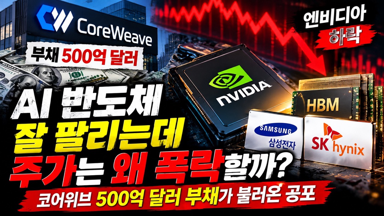 AI 반도체 주가 하락 원인을 설명하는 썸네일. 코어위브 500억 달러 부채, 엔비디아 GPU, 삼성전자·SK하이닉스 HBM과 주가 하락 그래프