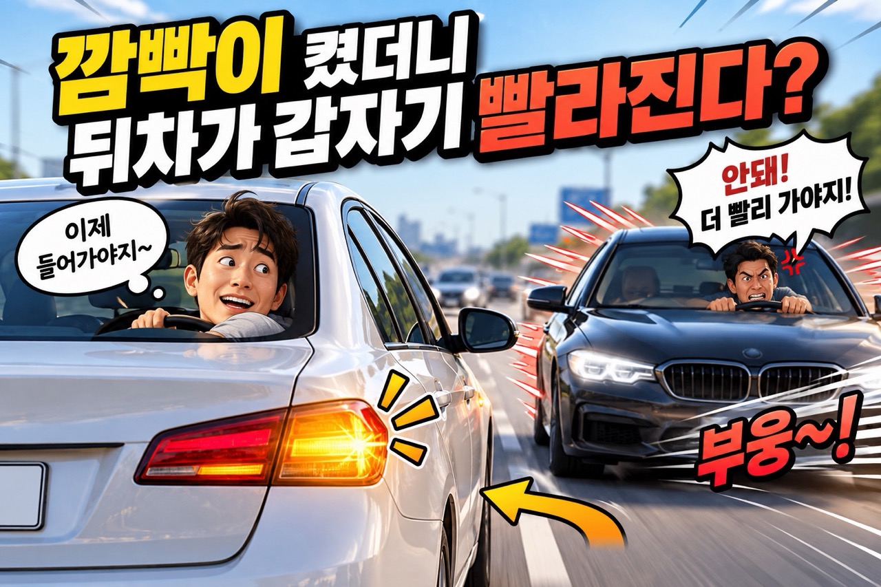 방향지시등을 켜고 차로 변경을 시도하는 흰색 자동차와 뒤에서 속도를 높이는 검은색 자동차의 코믹한 장면